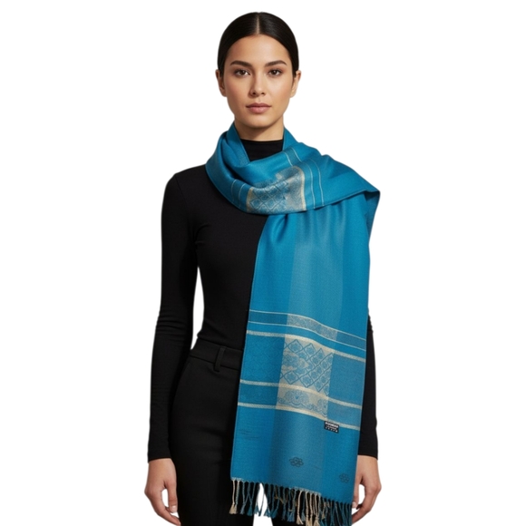 Elegant Pashmina Floral Patterned Scarf - Blue - Picture 1 of 2